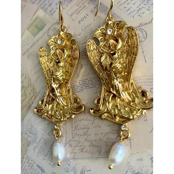 Celestial Angel Goddess Statement Earrings Star Rhinestone Pearl Drop Hooks Boho - Picture 5 of 5